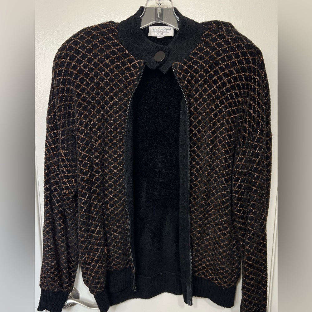 Vintage St. John Sport Black and Gold Knit Zip Jacket Women’s Medium | Made in U